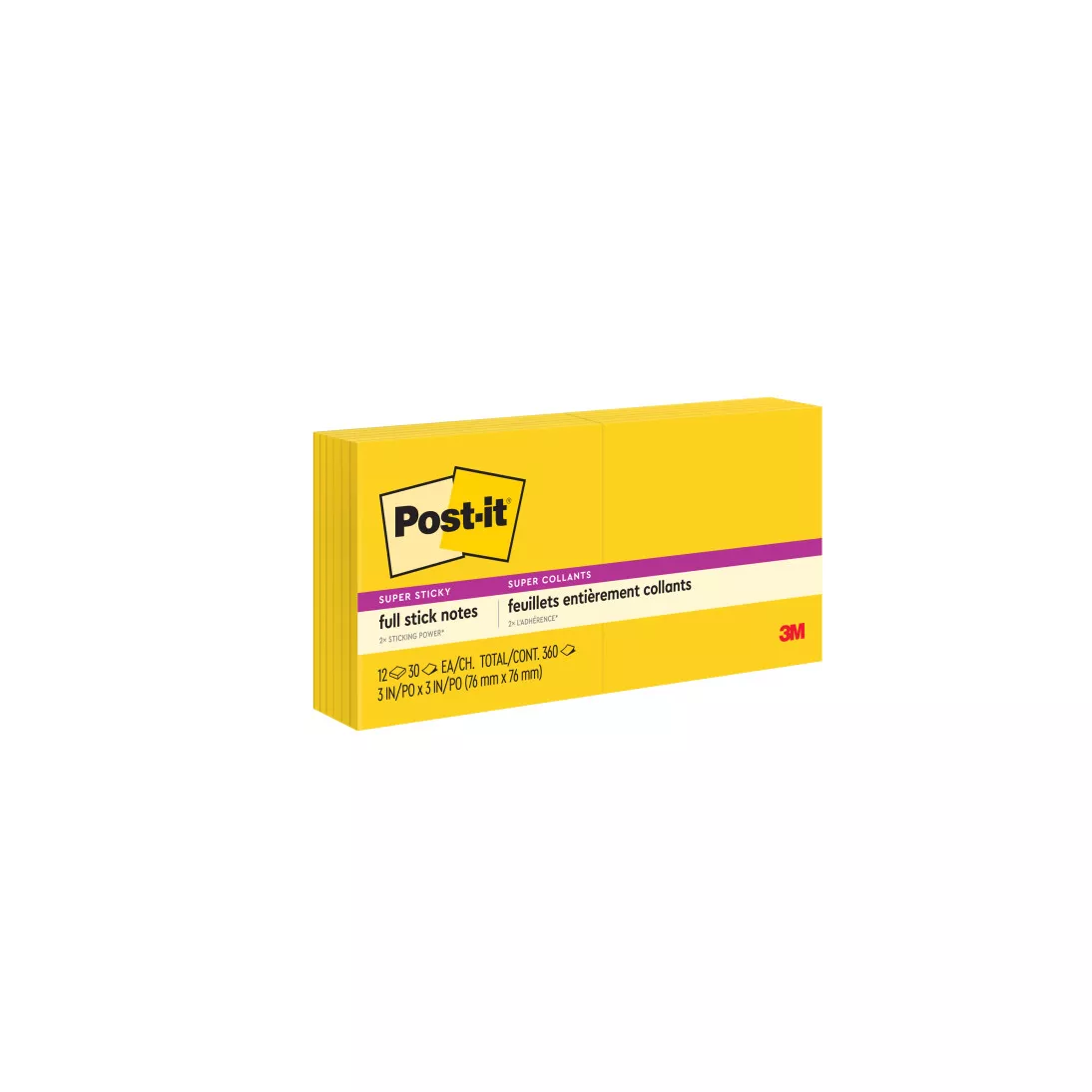 Post-it® Super Sticky Full Stick Notes F330-12SSY, 3 in x 3 in (76 mm x 76 mm), 3M Yellow