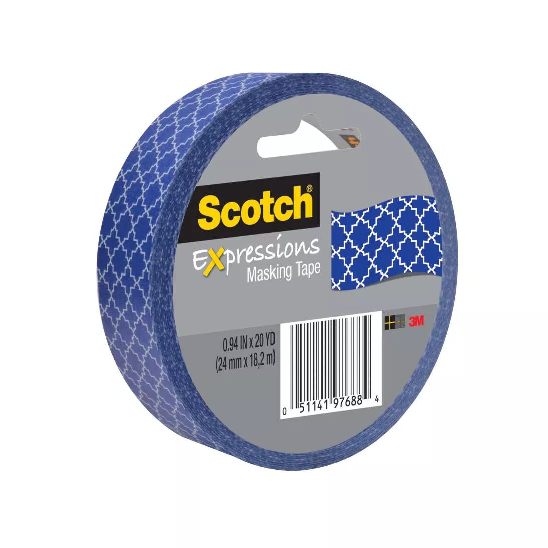 Scotch® Expressions Masking Tape, 3437-P9, .94 in x 20 yd (24 mm x 18,2
m) Blue Quatrefoil