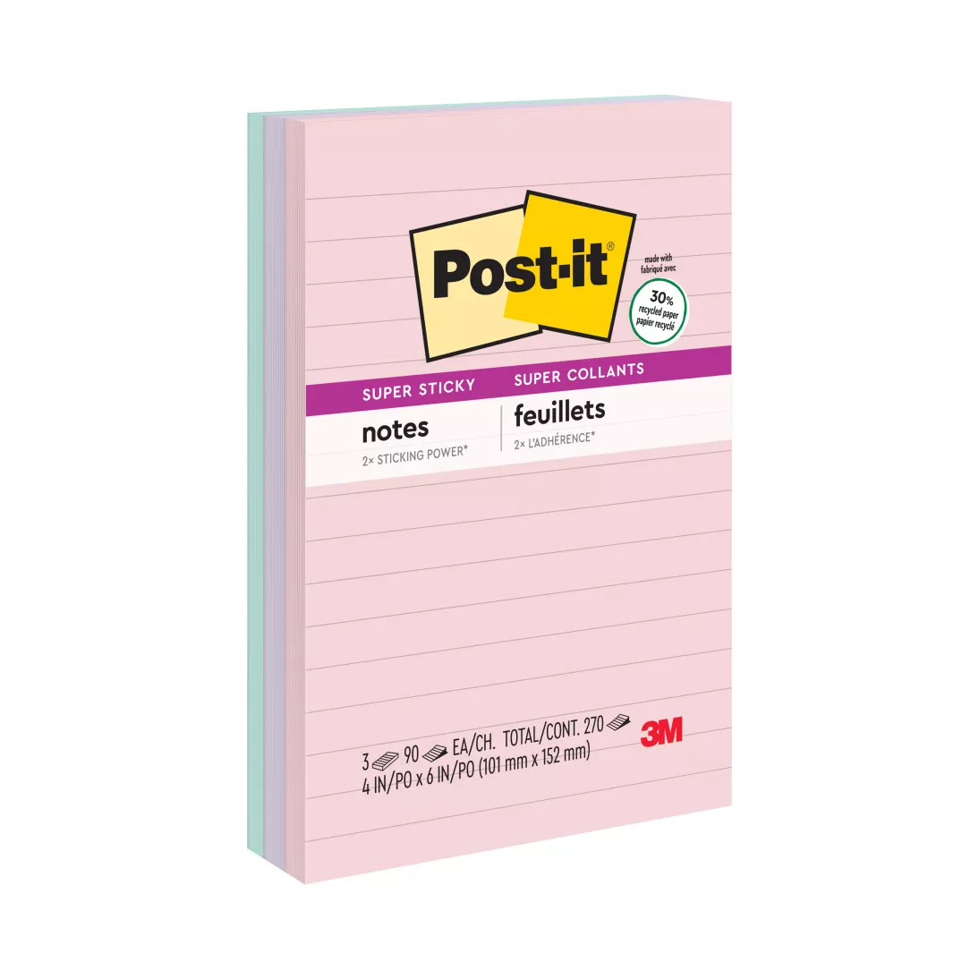 Post-it® Super Sticky Recycled Notes 660-3SSNRP, 4 in x 6 in (101 mm x 152 mm), Bali Colors