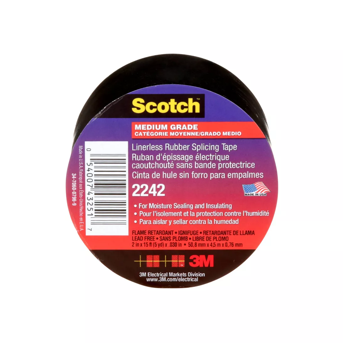 3M™ Linerless Electrical Rubber Tape 2242, 2 in x 15 ft, 1 in core,
Black, 1 roll/carton, 8 rolls/case