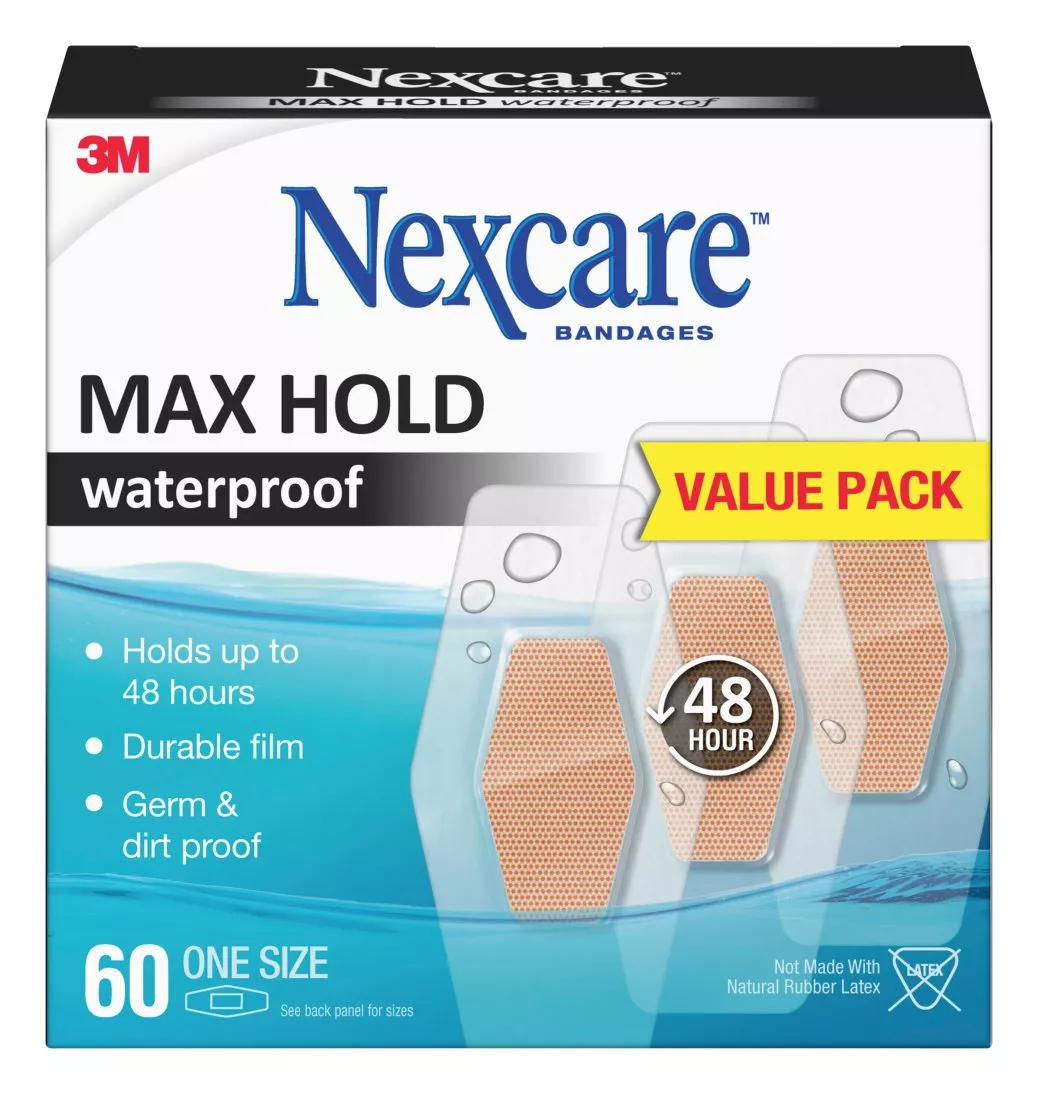 Nexcare™ Max Hold Waterproof Bandages MHW-60, One Size 60ct 1.25 in x
2.5 in (31 mm x 63 mm)