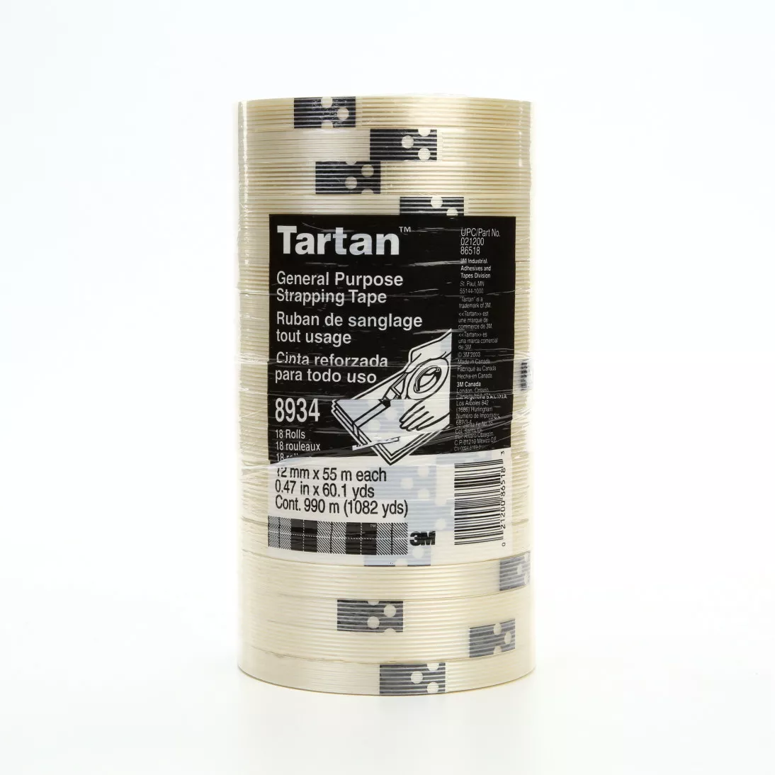 Tartan™ Filament Tape 8934, Clear, 12 mm x 55 m, 4 mil, 72 rolls per
case