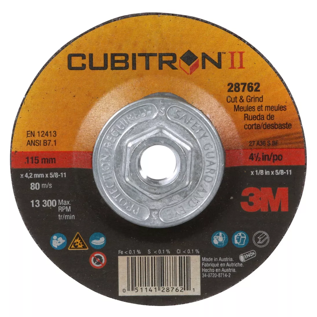 3M™ Cubitron™ II Cut and Grind Wheel, 28762, T27 Quick Change, 4 1/2 in
x 1/8 in x 5/8 in-11 in, 10/Inner, 20 ea/Case