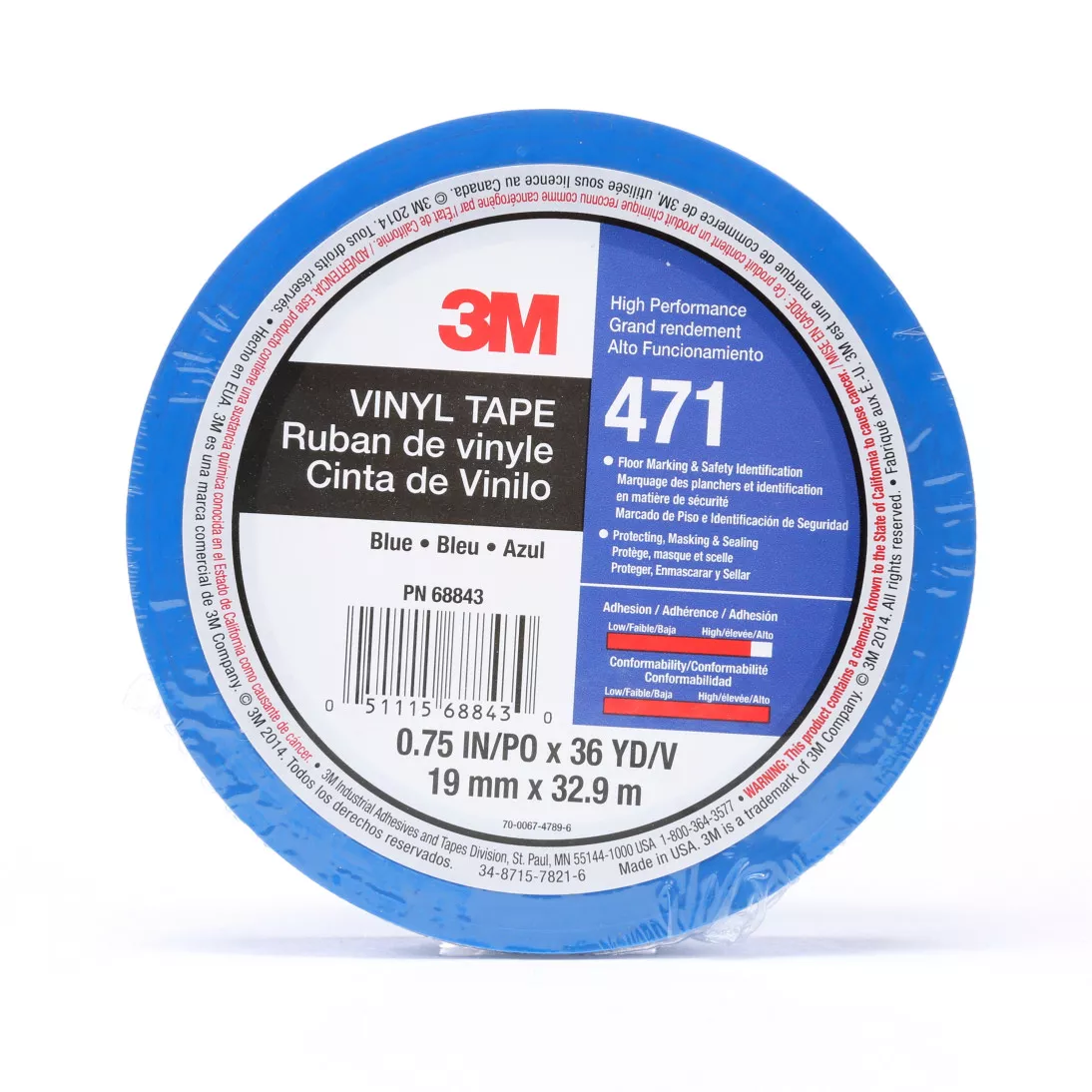 3M™ Vinyl Tape 471, Blue, 3/4 in x 36 yd, 5.2 mil, 48 rolls per case,
Individually Wrapped Conveniently Packaged
