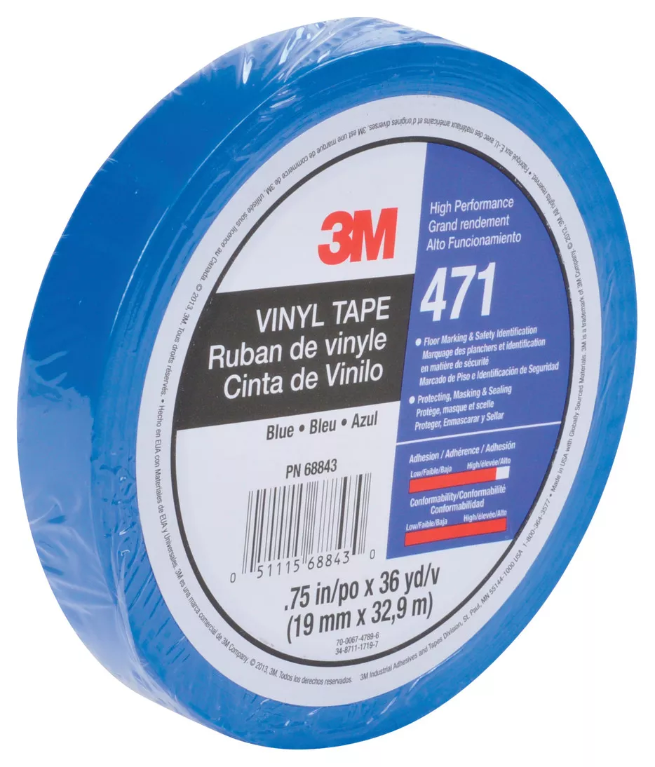 3M™ Vinyl Tape 471, Blue, 1/2 in x 36 yd, 5.2 mil, 72 rolls per case,
PN36408, Individually Wrapped Conveniently Packaged