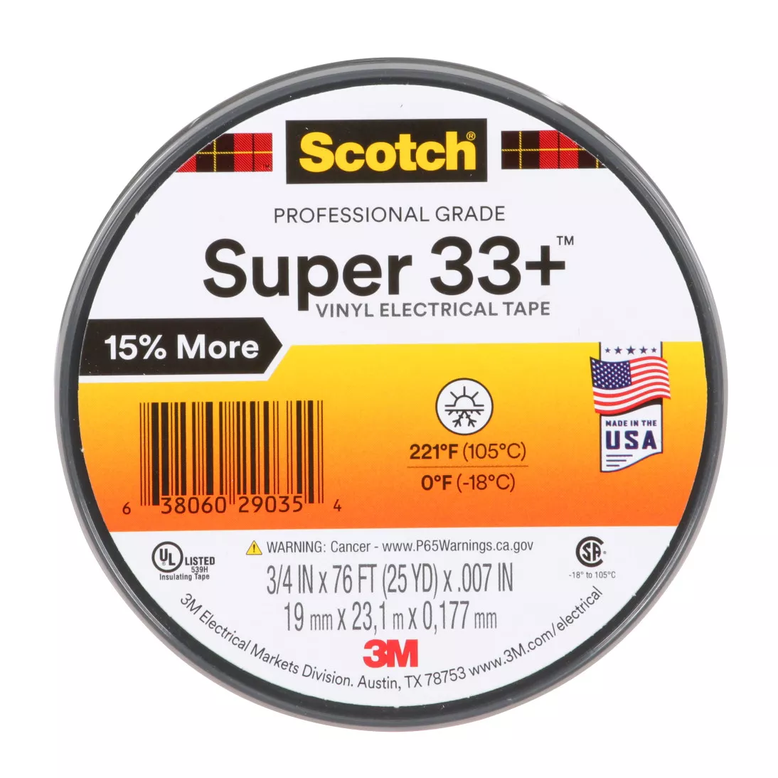 Scotch® Super 33+ Vinyl Electrical Tape, 3/4 in x 76 ft, 1 in Core,
Black, 10 rolls/carton, 100 rolls/Case