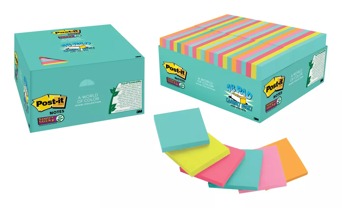 Post-it® Super Sticky Notes 654-48SSMIA-CP, 3 in x 3 in (76 mm x 76 mm), Supernova Neons, 48 Pads/Pack, 70 Sheets/Pad