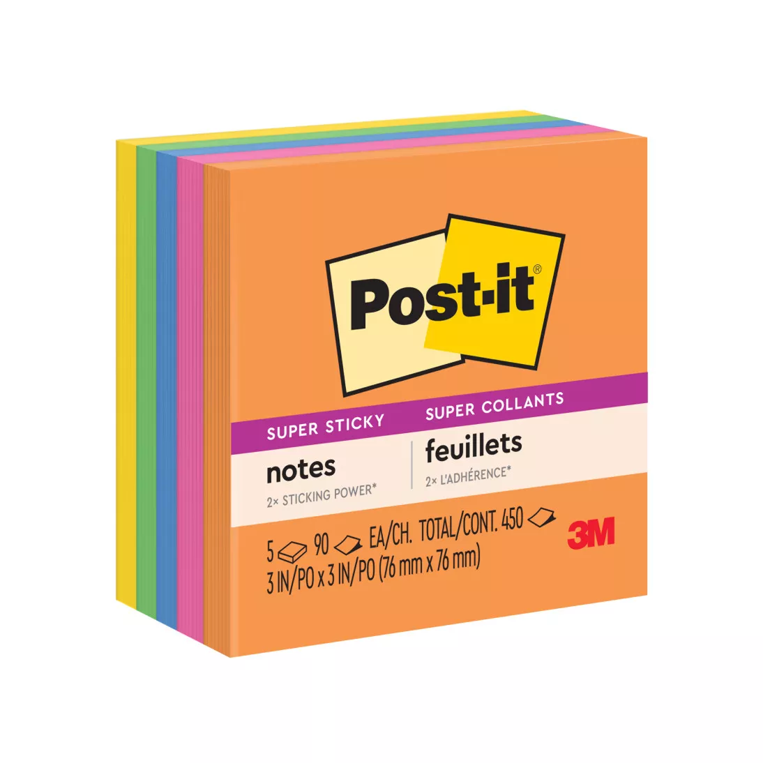 Post-it® Super Sticky Notes 654-5SSUC, 3 in x 3 in (76 mm x 76 mm), Rio de Janeiro Colors