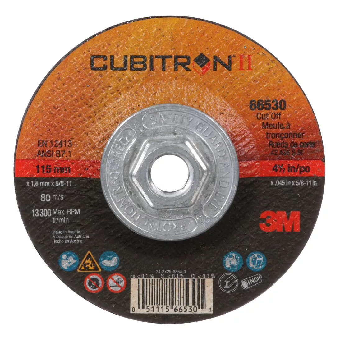 3M™ Cubitron™ II Cut-Off Wheel, 66530, T27 Quick Change, 4.5 in x .045
in x 5/8 in-11 in, 25/Inner, 50 ea/Case