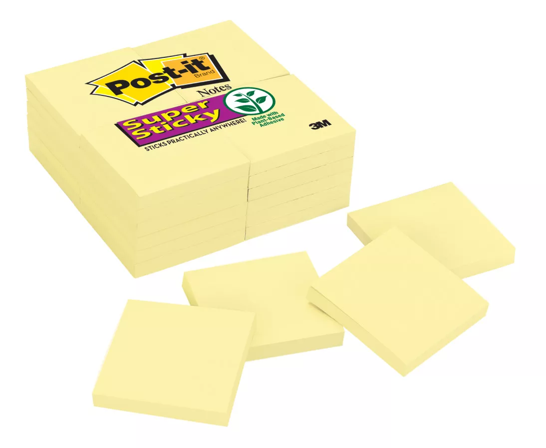 Post-it® Super Sticky Notes 654-24SSCY, 3 in x 3 in (76 mm x 76 mm), Canary Yellow