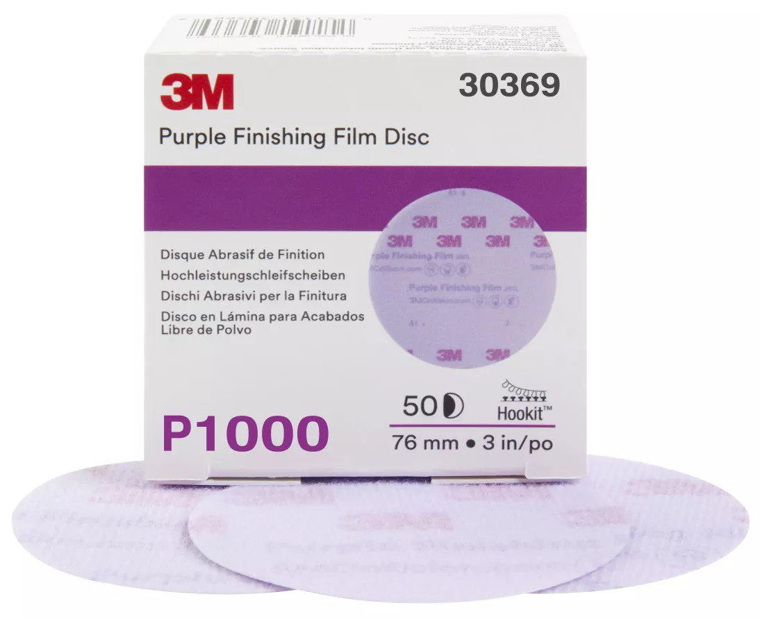 3M™ Hookit™ Purple Finishing Film Abrasive Disc 260L, 30369, 3 in,
P1000, 50 discs per carton, 4 cartons per case