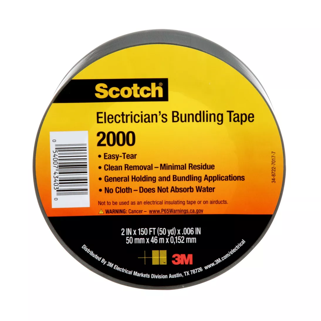 Scotch® Electricians Duct Tape 2000, 2 in x 50 yd, 12 Roll Display, 12
Rolls/Case