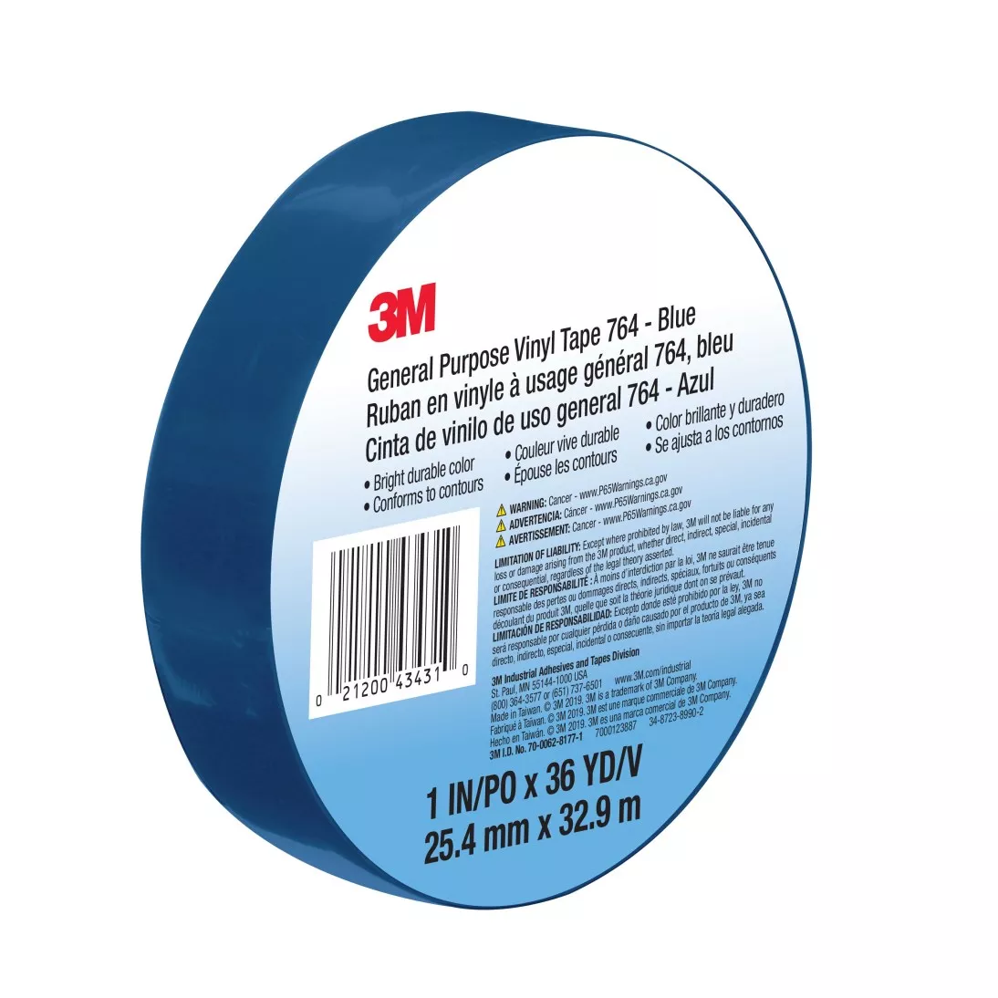 3M™ General Purpose Vinyl Tape 764, Blue, 1 in x 36 yd, 5 mil, 36 Roll/Case, Individually Wrapped Conveniently Packaged