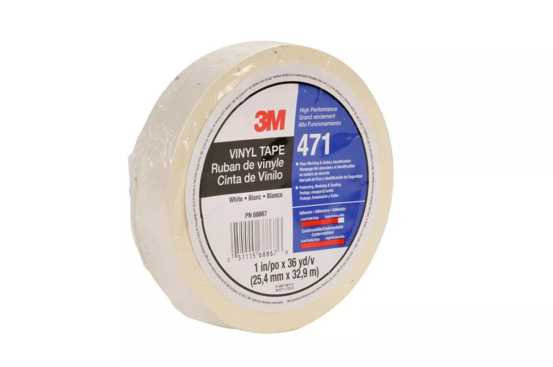 3M™ Vinyl Tape 471, White, 1 1/2 in x 36 yd, 5.2 mil, 24 rolls per case,
Individually Wrapped Conveniently Packaged