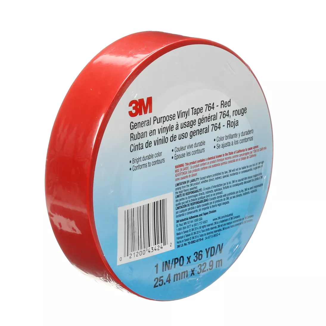 3M™ General Purpose Vinyl Tape 764, Red, 1 in x 36 yd, 5 mil, 36 Roll/Case, Individually Wrapped Conveniently Packaged