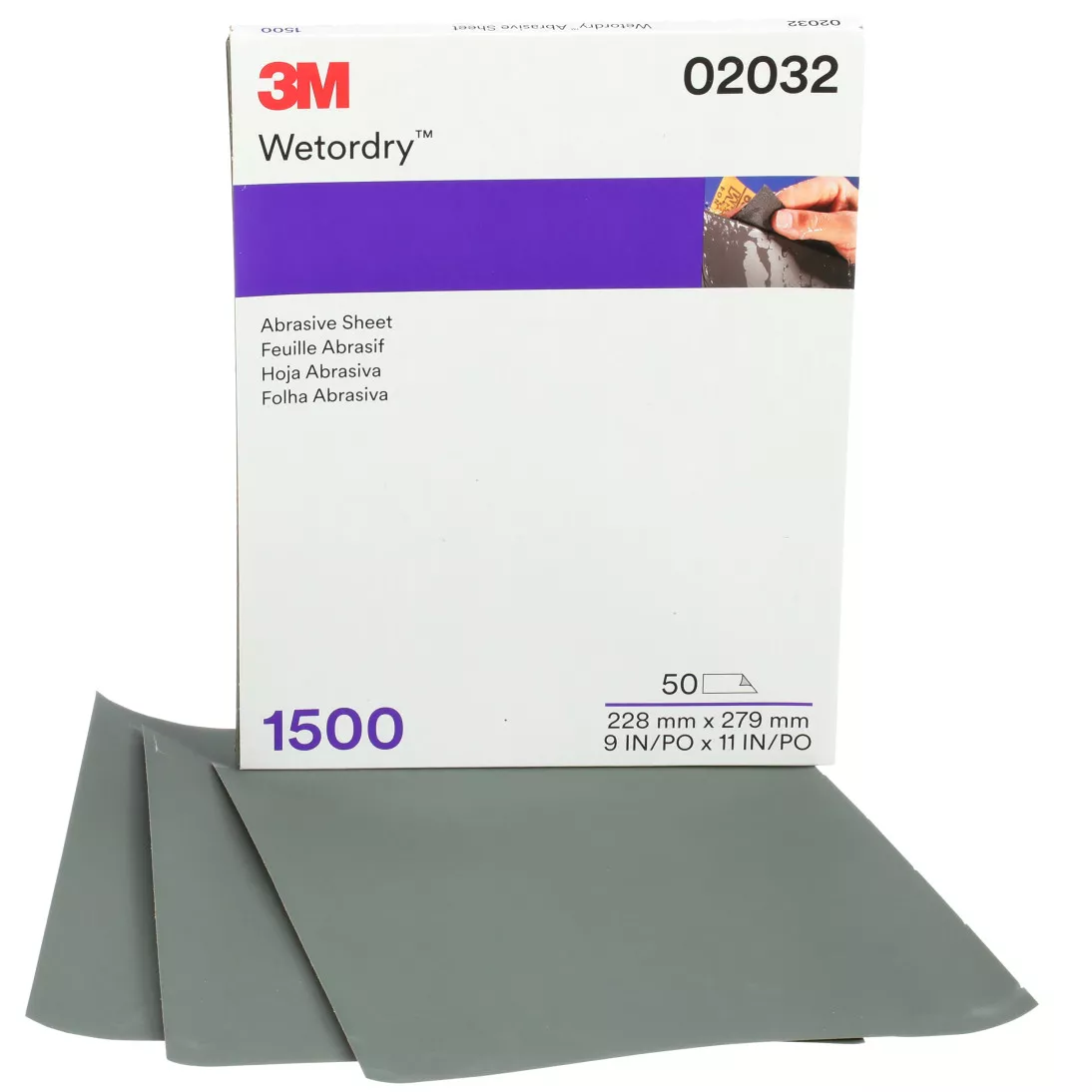 3M™ Wetordry™ Abrasive Sheet, 02032, 9 in x 11 in, 1500 grade, 50 sheets
per carton, 5 cartons per case