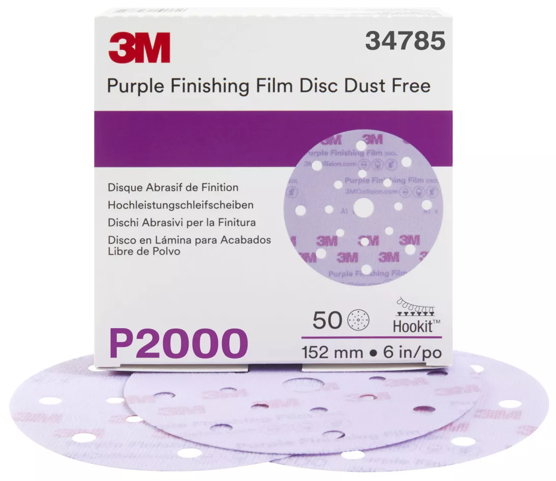 3M™ Hookit™ Finishing Film Disc Dust-Free, 34785, 6 in, 17 Hole, P2000,
50 discs per carton, 4 cartons per case