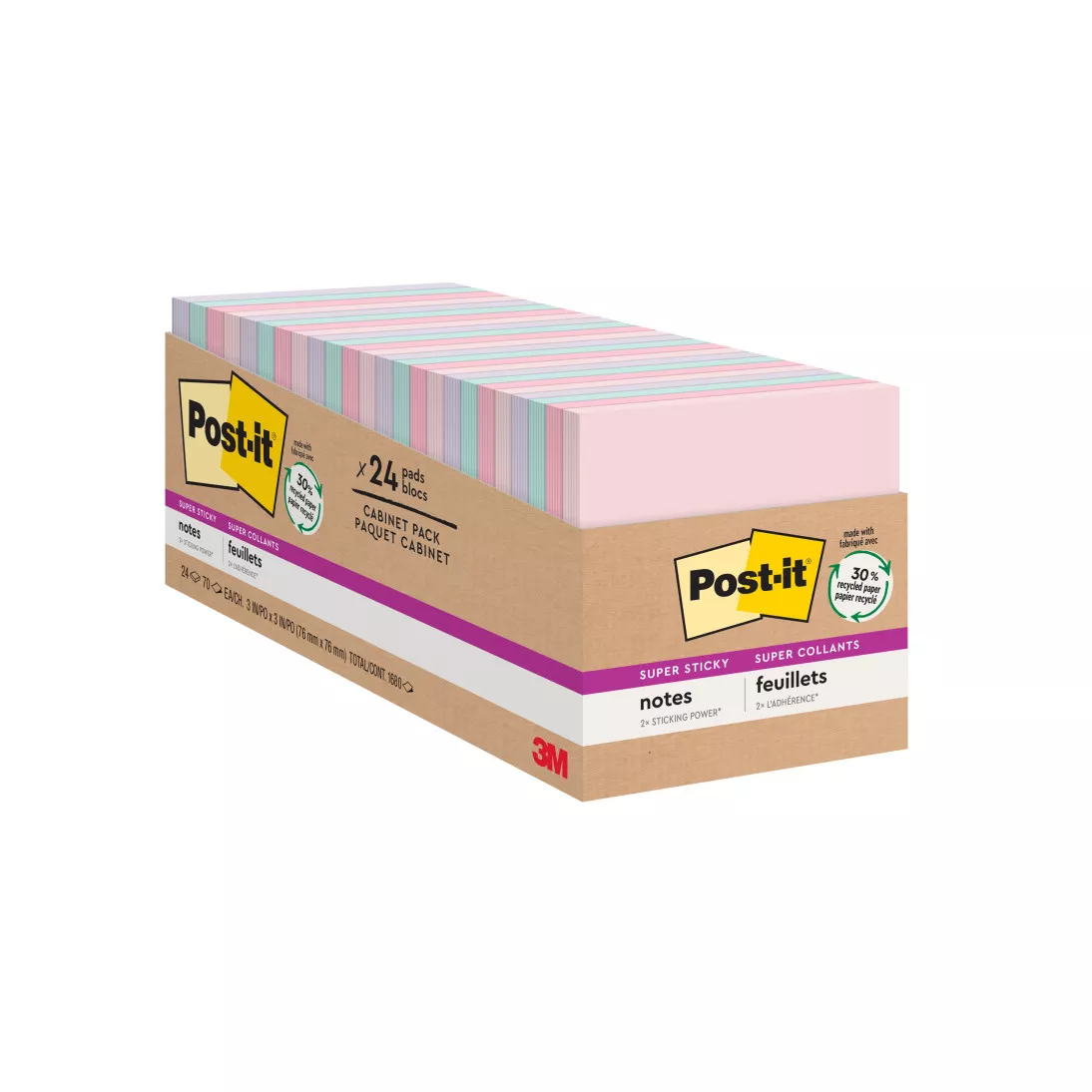 Post-it® Super Sticky Recycled Notes 654-24NH-CP, 3 in x 3 in (76 mm x
76 mm) Bali Collection