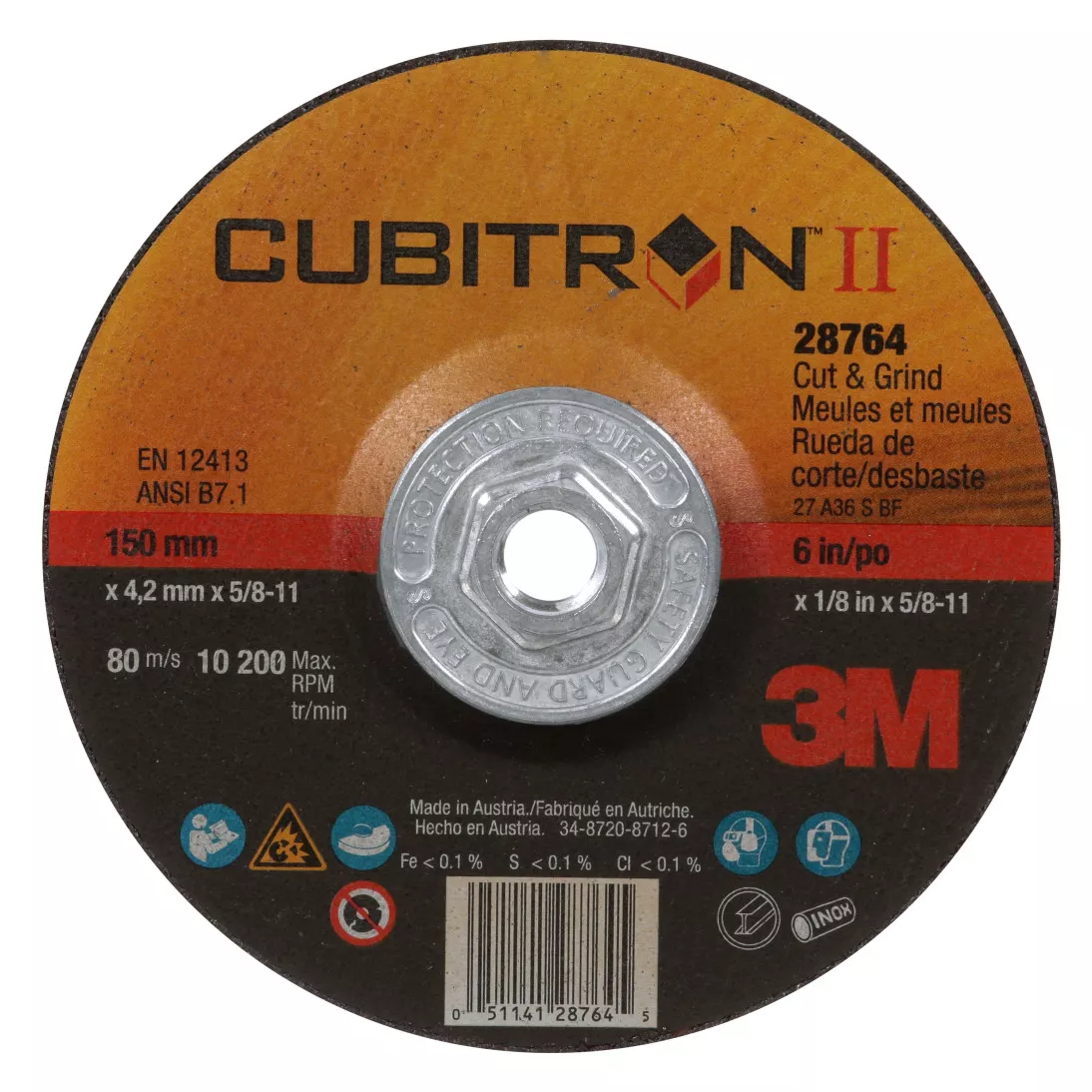 3M™ Cubitron™ II Cut and Grind Wheel, 28764, Type 27 Quick Change, 6 in x 1/8 in x 5/8 in-11, 10/Inner, 20 ea/Case