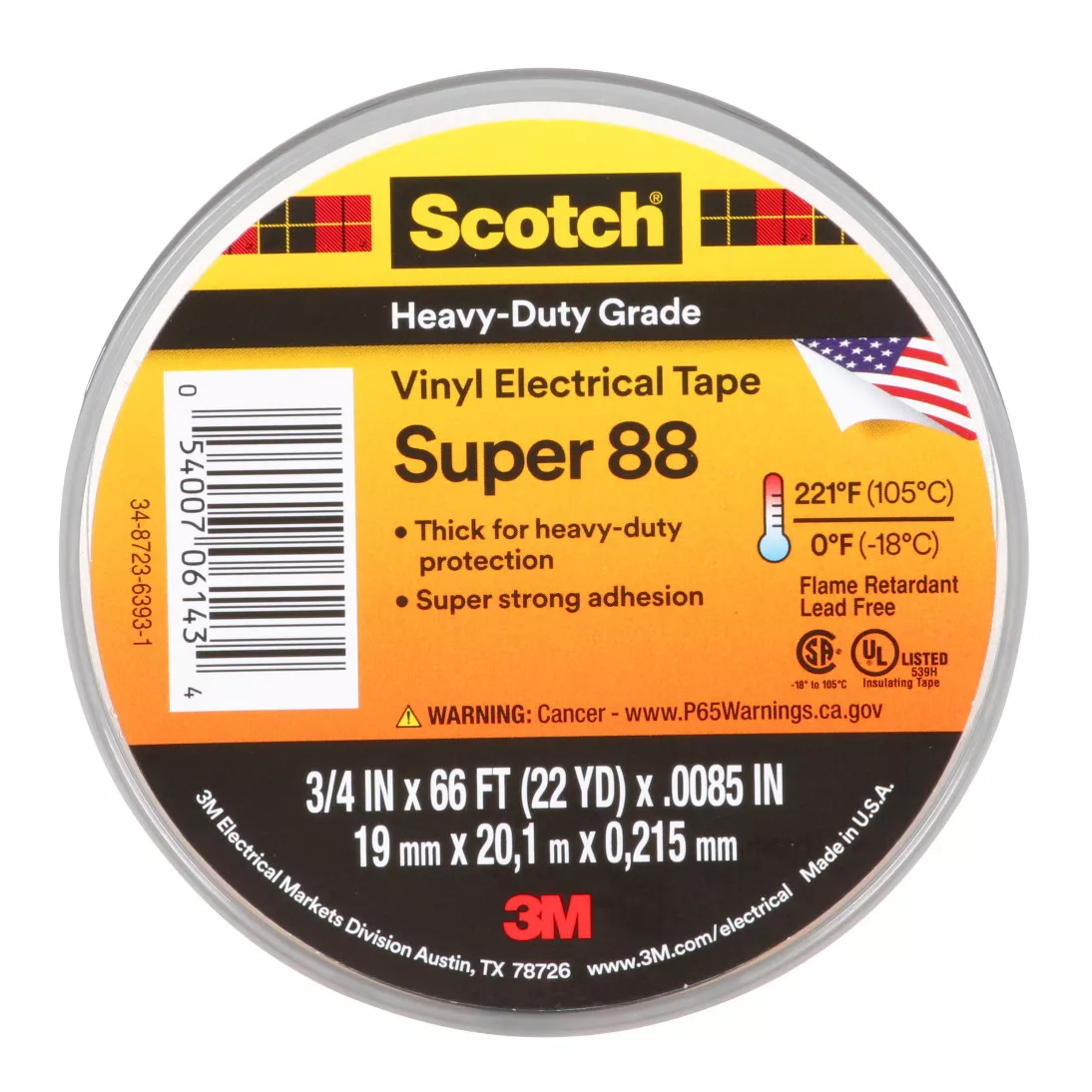 Scotch® Vinyl Electrical Tape Super 88, 3/4 in x 66 ft, Black, 10
rolls/carton, 100 rolls/Case