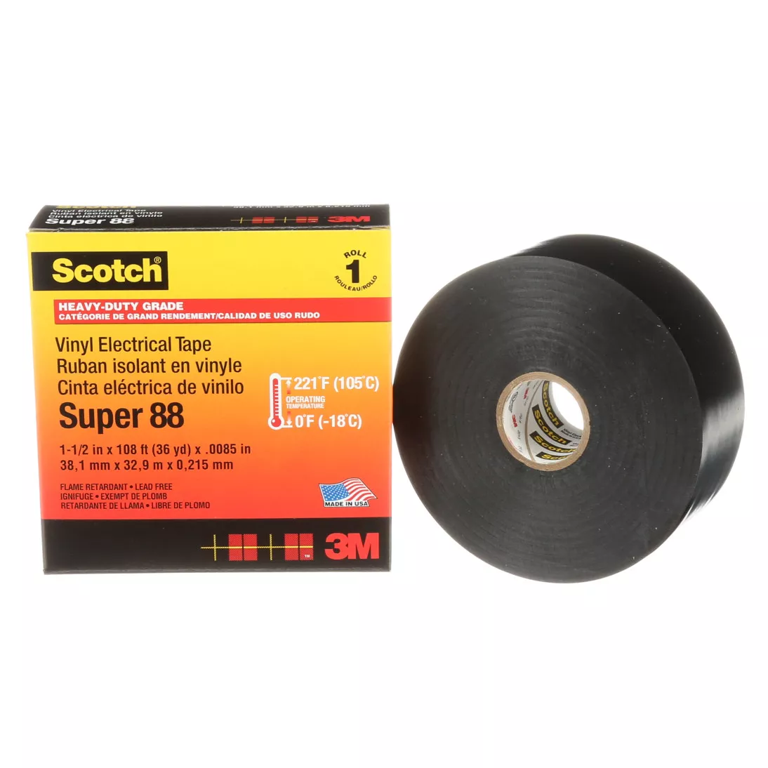 Scotch® Vinyl Electrical Tape Super 88, 1-1/2 in x 36 yd, Black, 12
rolls/Case
