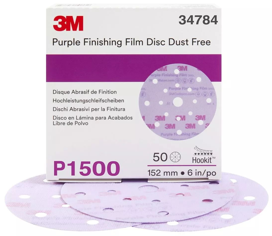3M™ Hookit™ Purple Finishing Film Abrasive Disc 260L, 34784, 6 in, Dust
Free, P1500, 50 discs per carton, 4 cartons per case