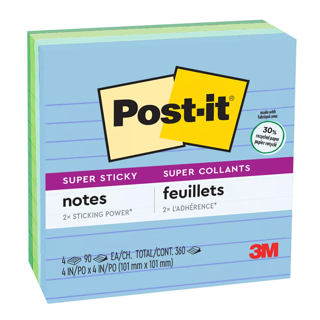 Post-it® Super Sticky Recycled Notes 675-4SST, 4 in x 4 in (101 mm x 101
mm) Bora Bora Collection, Lined, 4 Pads/Pk