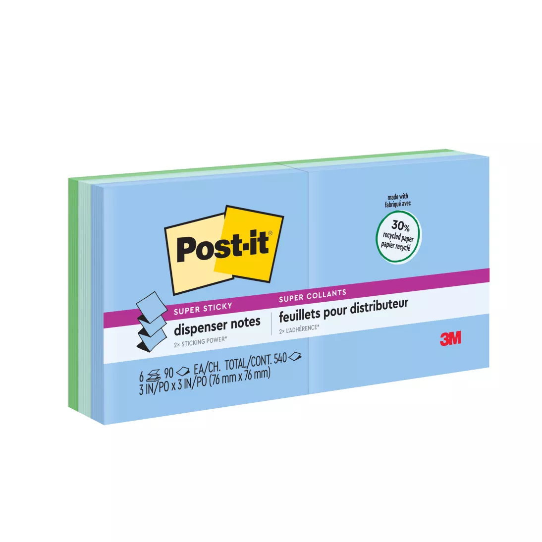 Post-it® Super Sticky Recycled Pop-up Notes R330-6SST, 3 in x 3 in (76 mm x 76 mm)