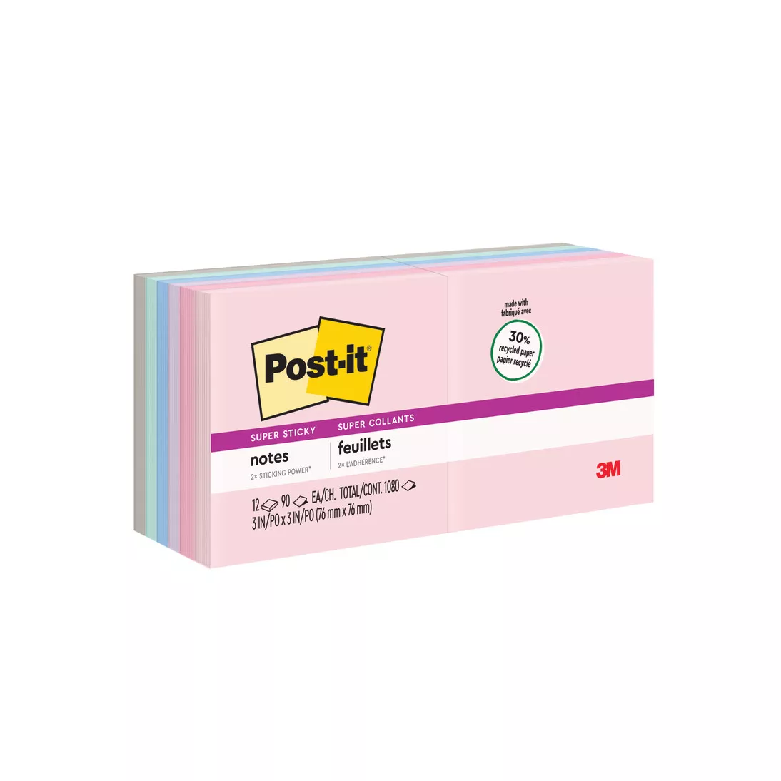 Post-it® Super Sticky Recycled Notes 654-12SSNRP, 3 in x 3 in (76 mm x
76 mm) Bali Collection