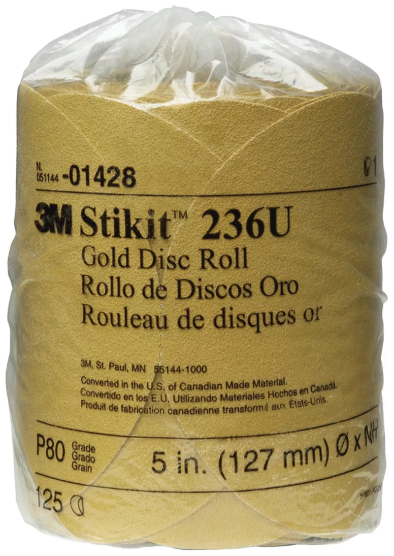 3M™ Stikit™ Gold Disc Roll, 01428, 5 in, P80A, 125 discs per roll, 10
rolls per case