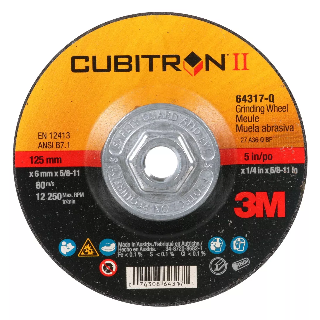 3M™ Cubitron™ II Depressed Center Grinding Wheel, 64317, Quick Change, Type 27, 5 in x 1/4 in x 5/8