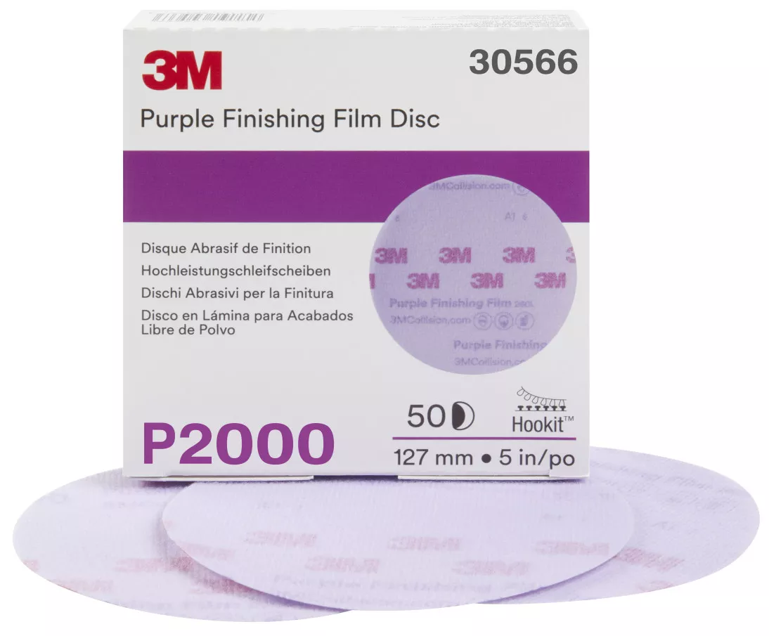 3M™ Hookit™ Purple Finishing Film Abrasive Disc 260L, 30566, 5 in,
P2000, 50 discs per carton, 4 cartons per case