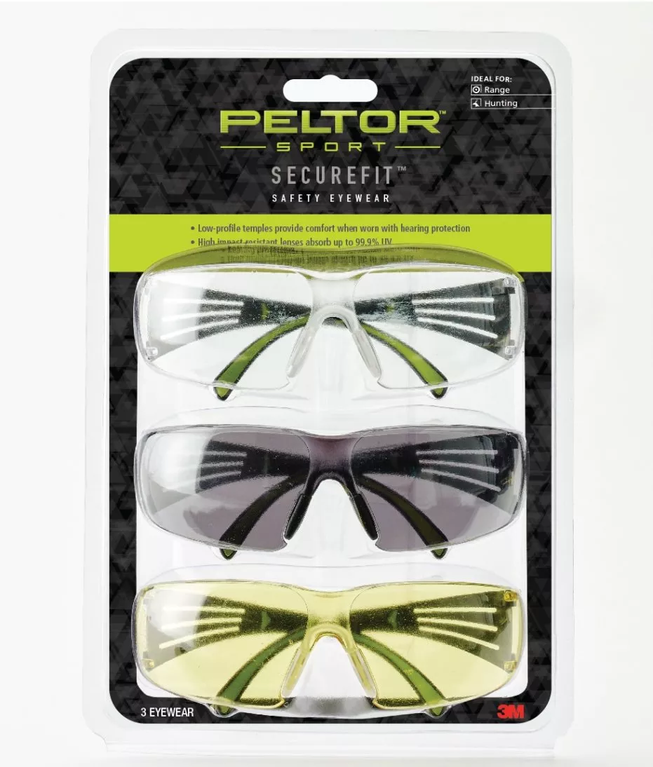 Peltor™ Sport SecureFit™ Safety Eyewear, SF400-P3PK-6, 3 Pack: Clear +
Amber + Gray Lenses, AF, 6pk/cs