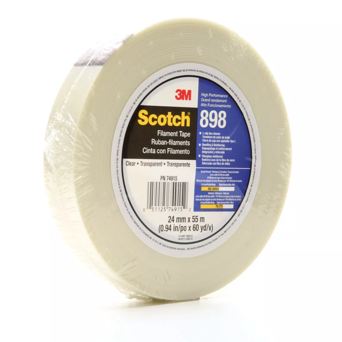 Scotch® Filament Tape 898, Clear, 24 mm x 330 m, 6.6 mil, 6 rolls per
case