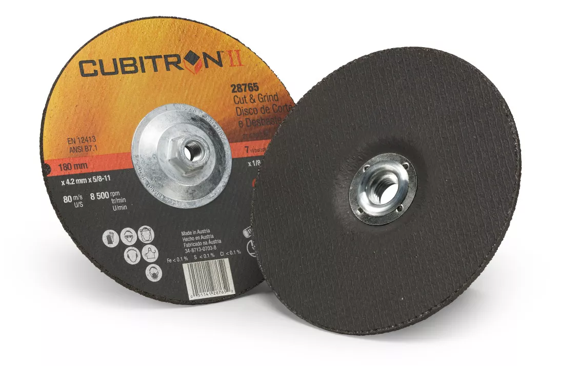 3M™ Cubitron™ II Cut and Grind Wheel, 28765, T27 Quick Change, 7 in x
1/8 in x 5/8 in-11 in, 10/Inner, 20 ea/Case