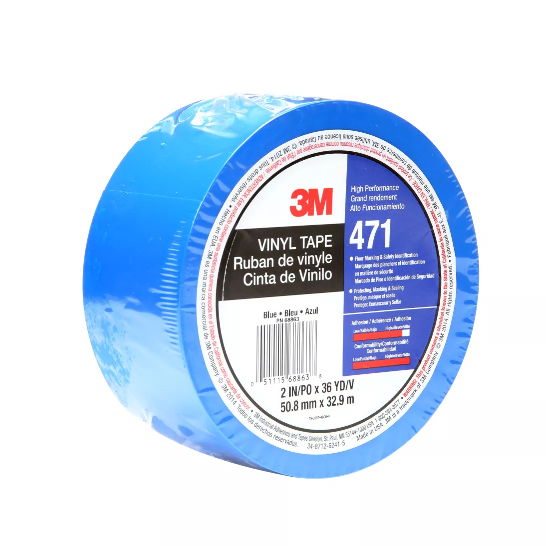 3M™ Vinyl Tape 471, Blue, 2 in x 36 yd, 5.2 mil, 24 rolls per case,
Individually Wrapped Conveniently Packaged