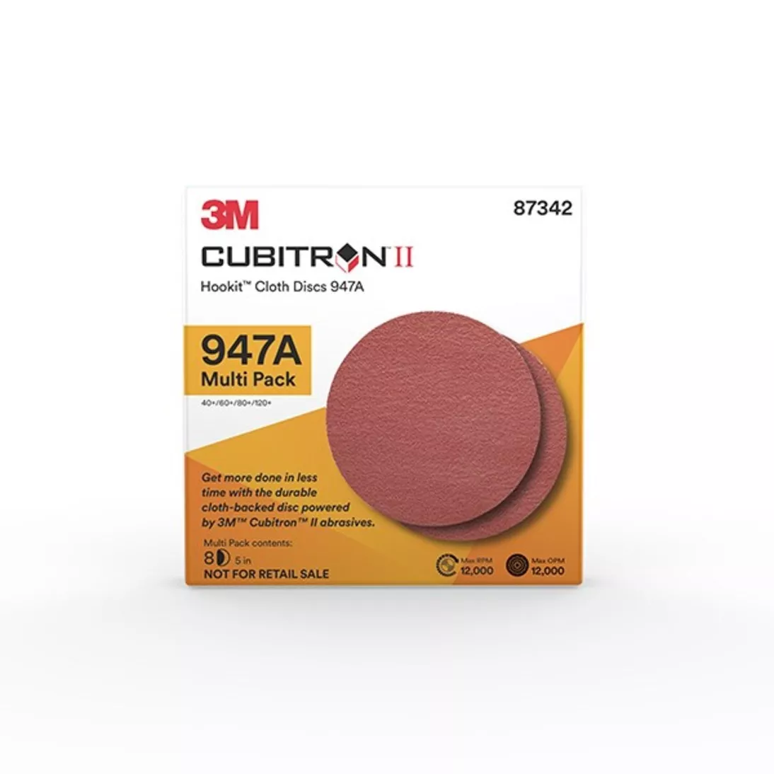3M™ Cubitron™ II Hookit™ Cloth Disc 947A, 87342, 5 x NH, 40+ to 120+, 20
Packs/Case, Multi-pack