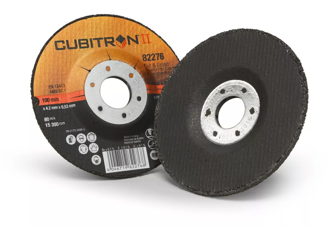 3M™ Cubitron™ II Cut and Grind Wheel, 82276, 36, T27, 100 mm x 4.2 mm x
9.53 mm, 10/Inner, 20 ea/Case