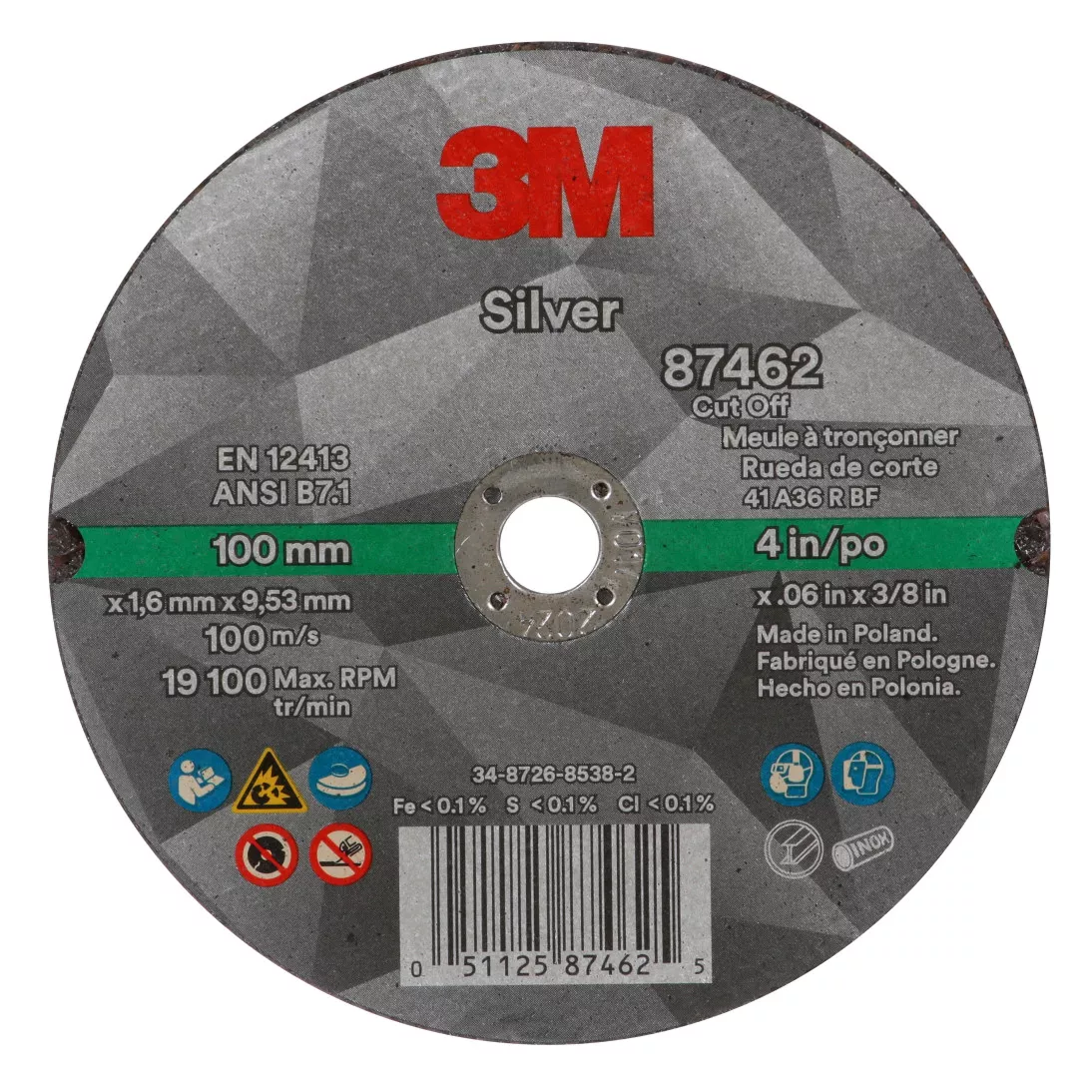 3M™ Silver Cut-Off Wheel, 87462, T1, 4 in x .060 in x 3/8 in, 25 per
inner 50 per case