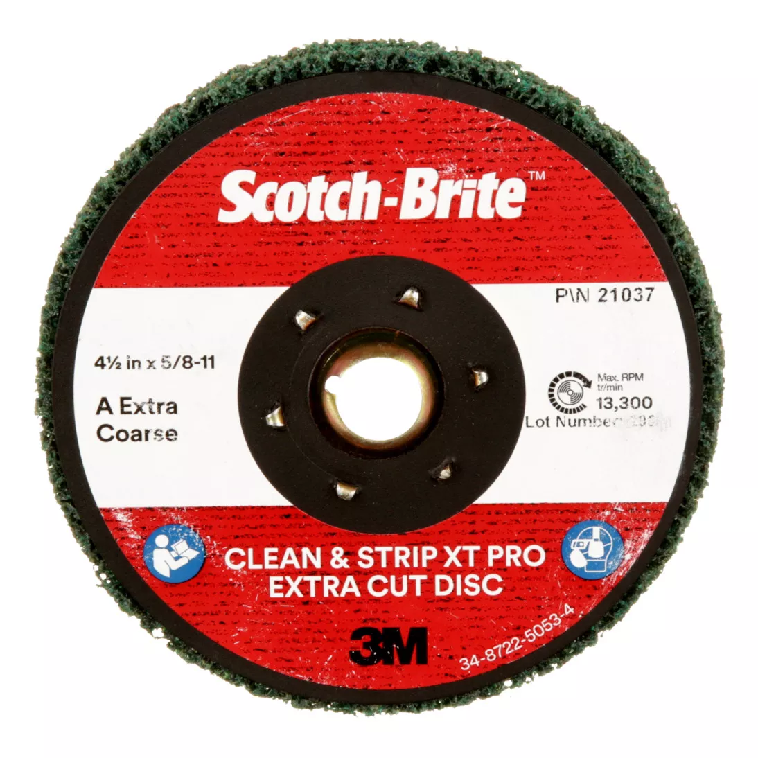 Scotch-Brite™ Clean and Strip XT Pro Extra Cut Disc, CX-DN, A/O Extra
Coarse, TN, Green, 4-1/2 in x 5/8