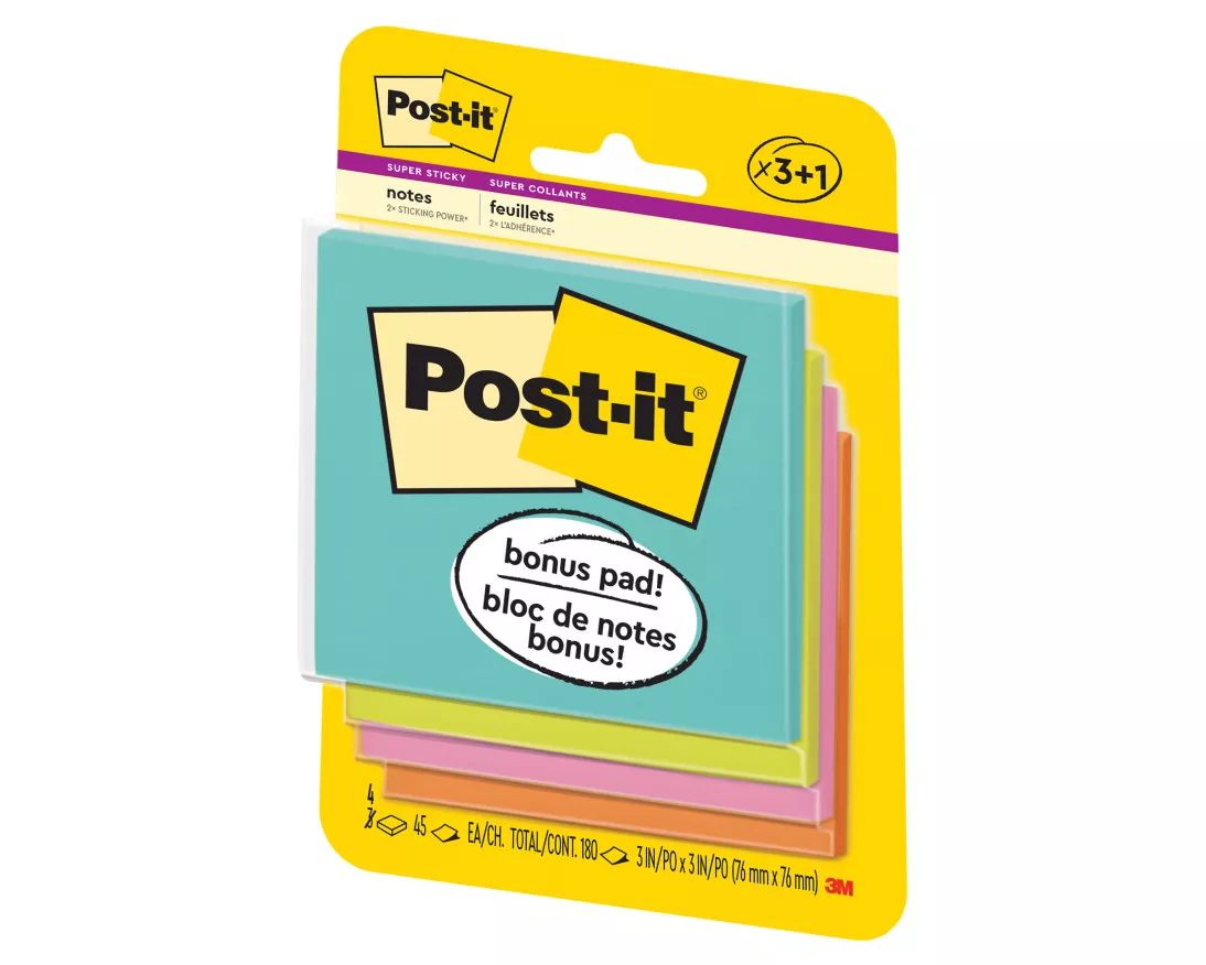 Post-it® Super Sticky Notes 3321-SSMIA-B, 3 in x 3 in (76 mm x 76 mm),
Miami Collection, 4 Pads/Pack, 45 Sheets/Pad