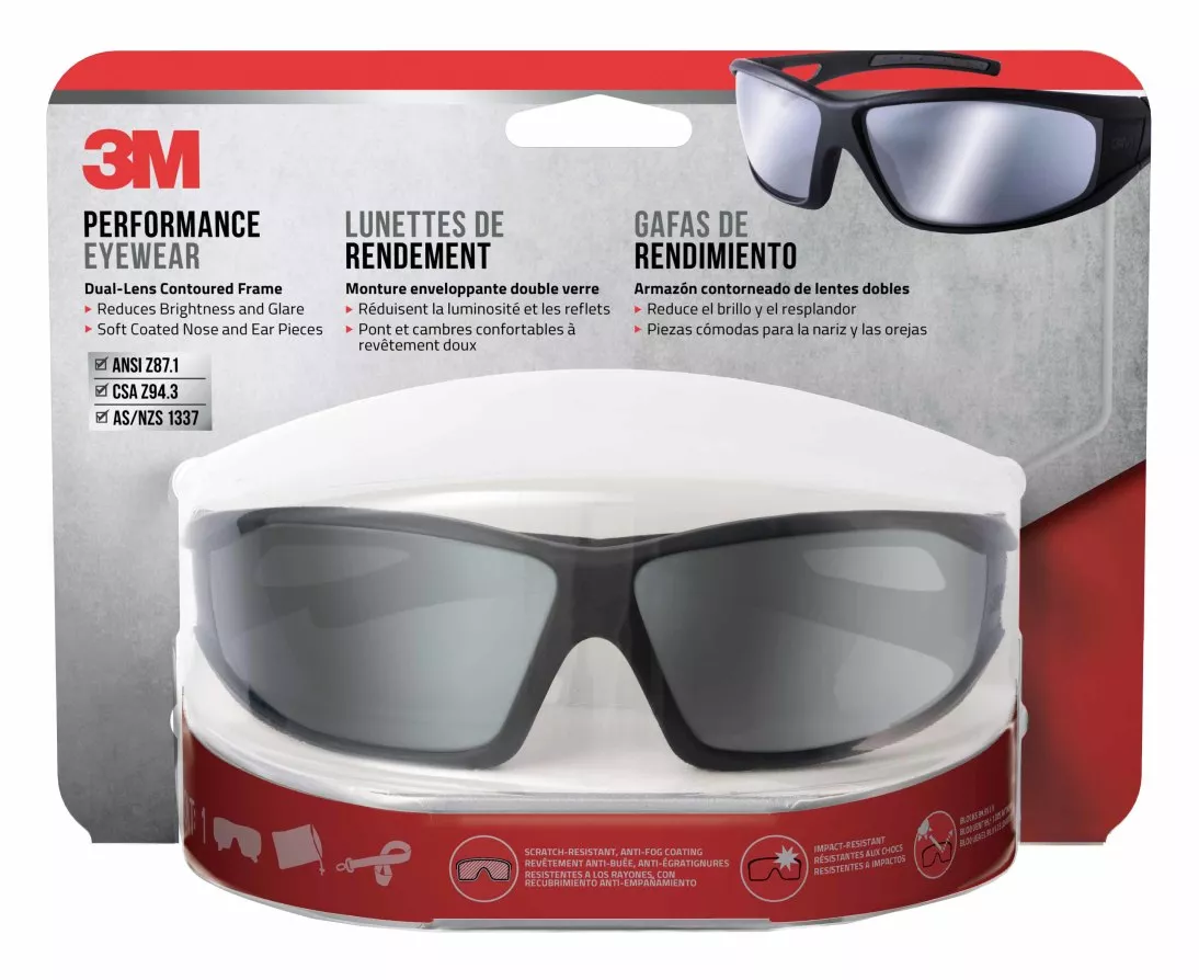 3M™ Safety Eyewear Silver Mirror, 90213-HZ4-NA, Blk Frame Gry Accent, AF
& Scratch Resistant Lens, 4/cs