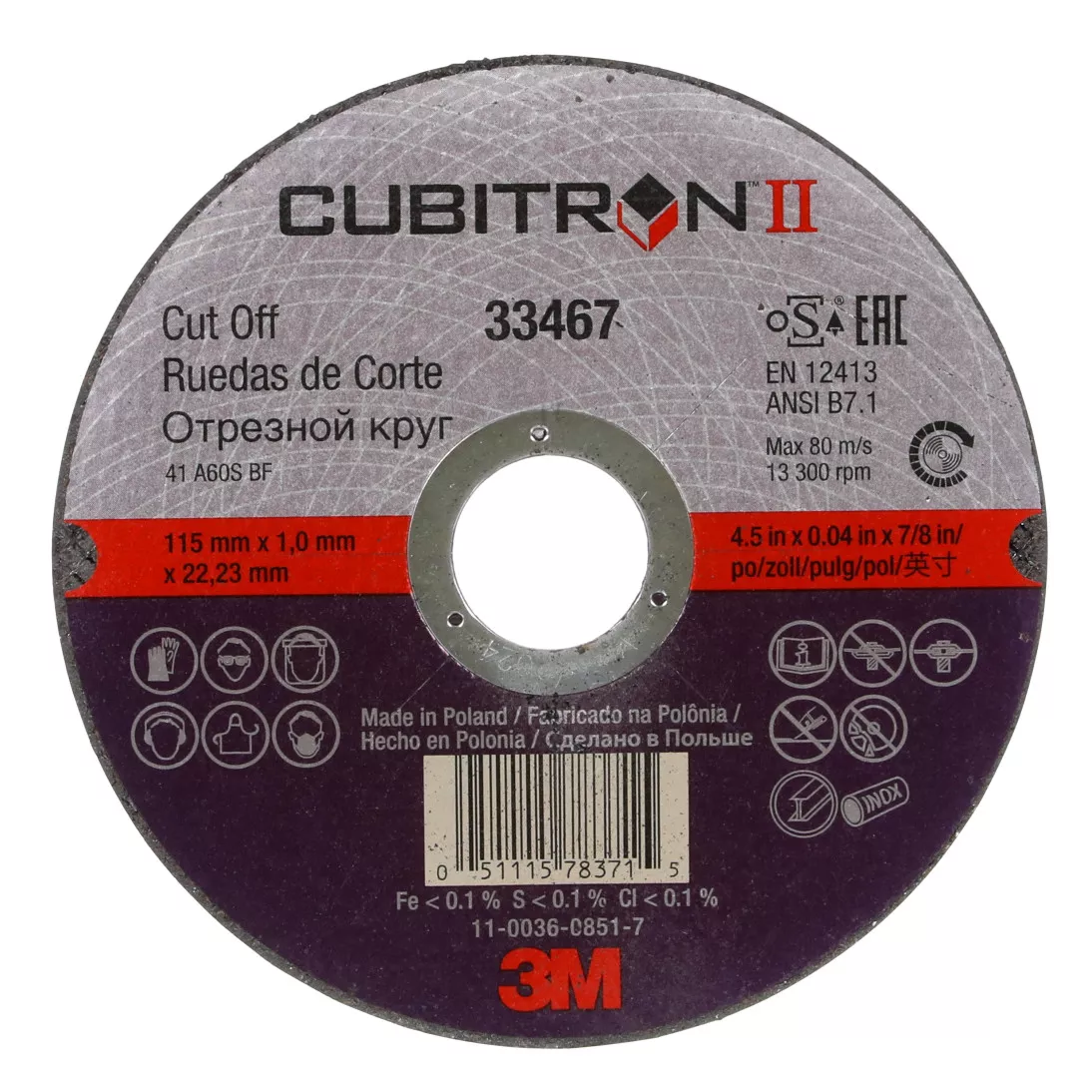 3M™ Cubitron™ II Cut-Off Wheel, 33467, 4.5 in x 0.04 in x 7/8 in, 5 per
pack, 6 packs per case