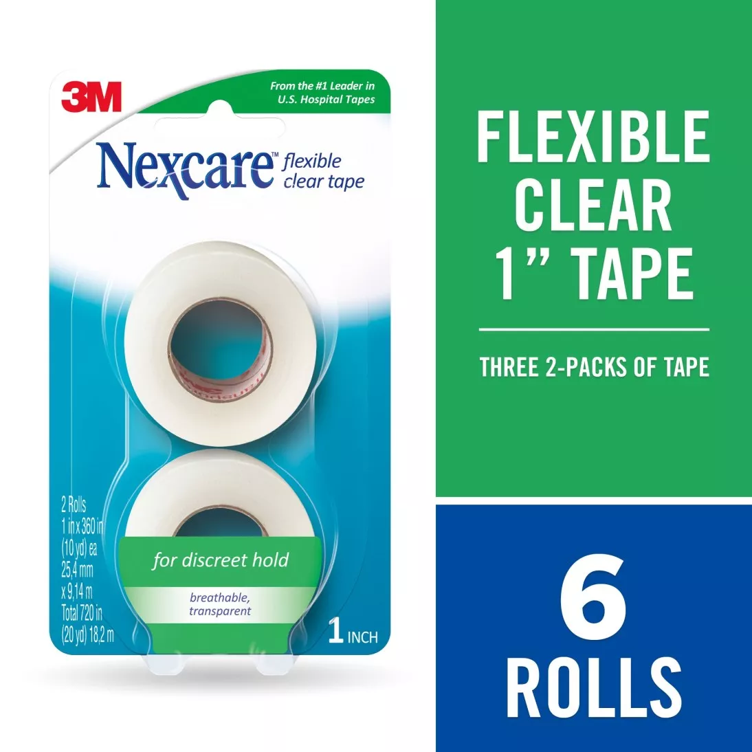 Nexcare™ Flexible Clear 771-6PK-SIOC, 1 in x 360 in 2 Pk (25.4 mm x 9.14 m)