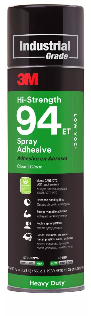 3M™ Hi-Strength Spray Adhesive 94 ET, Low VOC <20%, Clear, 24 fl oz Can
(Net Wt 19.8 oz), 12/Case