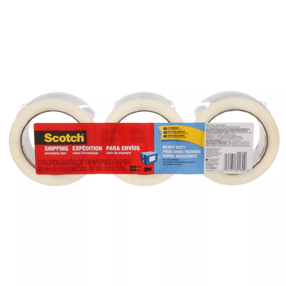Scotch® Heavy Duty Shipping Packaging Tape 3850-3-ESF, 1.88 in. x 54.6
yd. (48 mm x 50 m)