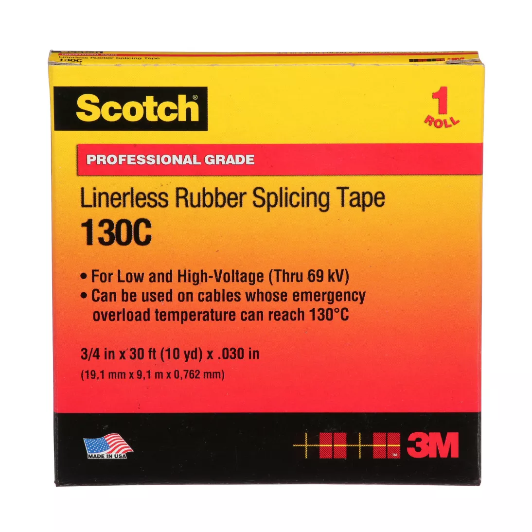 Scotch® Linerless Rubber Splicing Tape 130C, 3/4 in x 30 ft, Black, 1
roll/carton, 24 rolls/Case