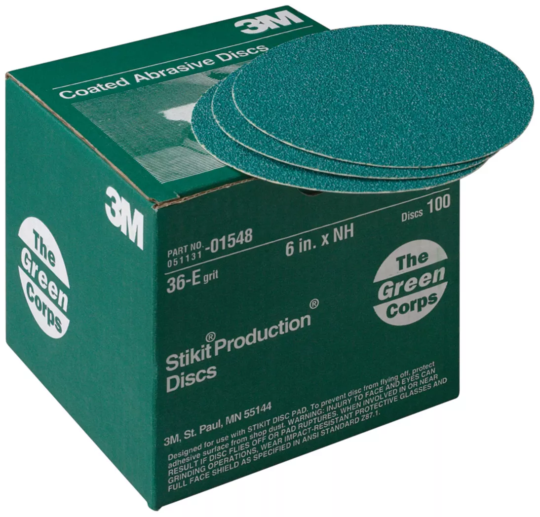 3M™ Green Corps™ Stikit™ Production™ Disc, 01548, 6 in, 36 grit, 100
discs per carton, 5 cartons per case