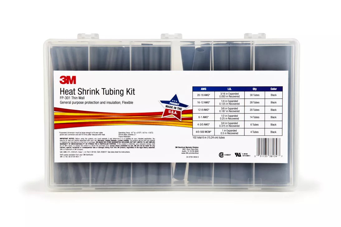 3M™ Heat Shrink Tubing Assorted Black Kit FP-301-Black, 5 Kits/Case