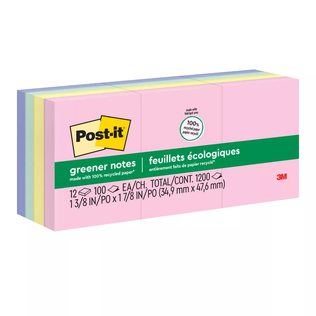 Post-it® Greener Notes 653-RP-A, 1-3/8 in x 1-7/8 in (34,9 mm x 47,6 mm)
Helsinki Colors